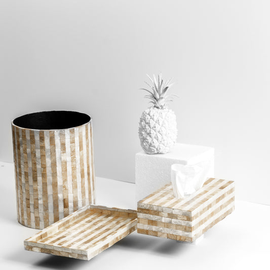 Gold & White Stripes Trash Bin