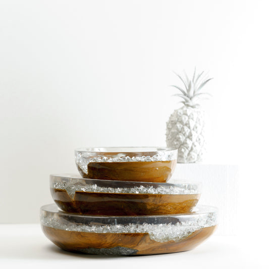 Set of 3 Pieces of Wood x Resin Bowls - White