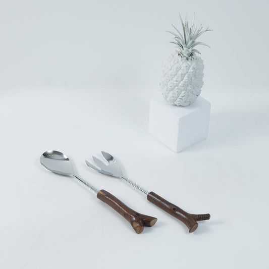 Set of 2 Stainless Steel x Wood Serving Utensils